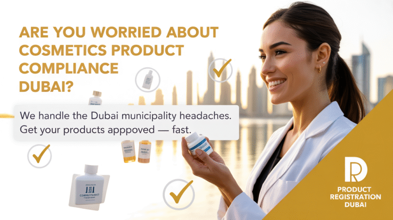 Some cosmetics products in the image and a girl hold a beauty product, the image contain text like cosmetics product compliance dubai