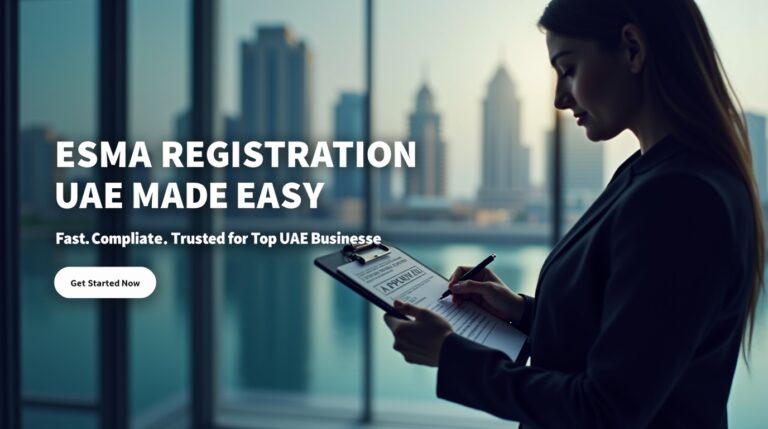 A corporate female of Product registration dubai trying to fill out the form of esma online with his tab in the office