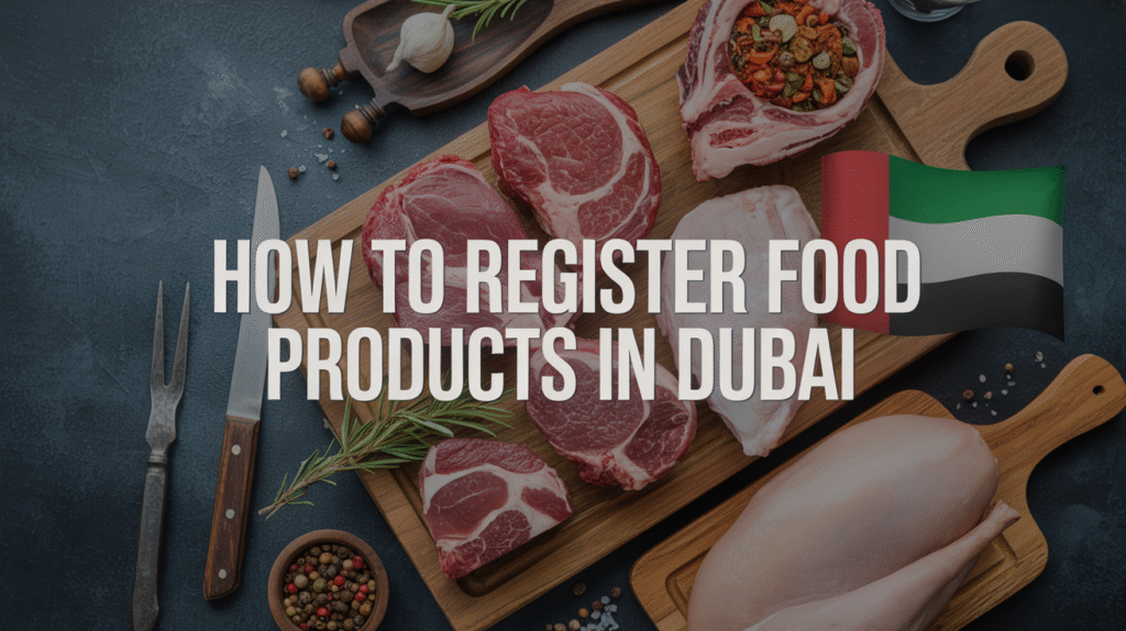 an image of bunch of beef on table and text How to Register Food Products in Dubai