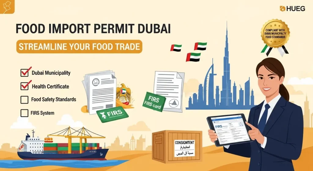 Infographic illustrating the process of obtaining a food import permit in Dubai, featuring a cargo ship at a port of entry, a stack of documents including a health certificate, and a Dubai skyline with the Burj Khalifa. A businessperson holds a tablet showing the FIRS system, with a checklist for Dubai Municipality approval and food safety standards. A crate labeled in Arabic and English emphasizes compliance with local standards. UAE flag elements and a “Compliant” stamp are included, with text reading “Food Import Permit Dubai” and “Streamline Your Food Trade.”