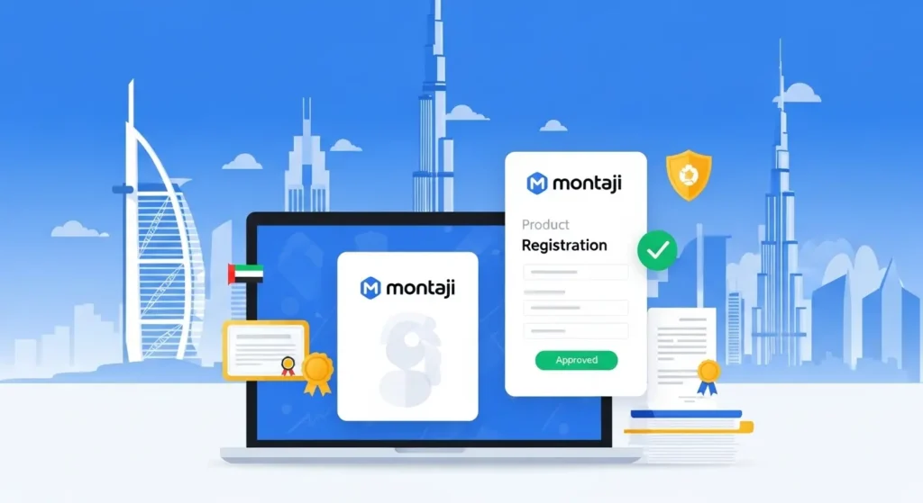 Montaji product registration in Dubai: A digital illustration of a laptop showing the Montaji app with a certificate, set against the Dubai skyline.