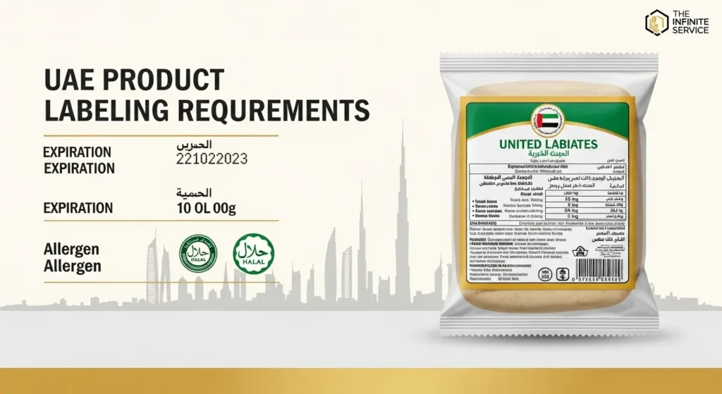 Infographic of a food product with a compliant product label in Arabic and English, showcasing UAE label requirements like expiration dates and halal certification, set against a Dubai skyline.