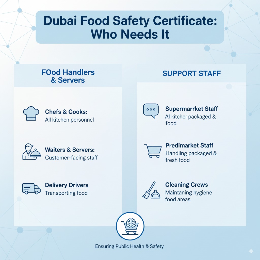 Roles that require a food safety certificate in Dubai, including chefs, waiters, delivery drivers, and cleaning crews.
